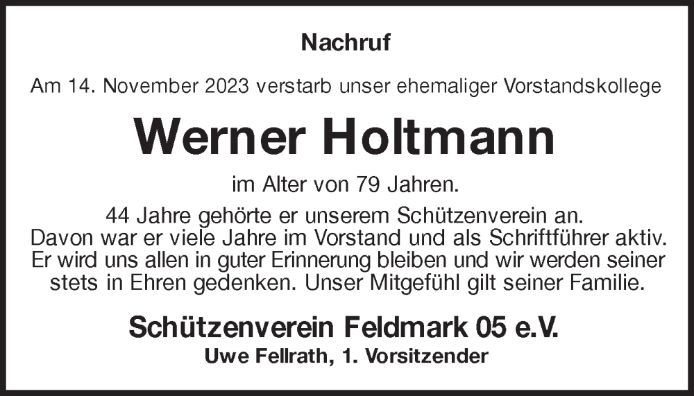 Traueranzeige für Werner Holtmann vom 21.11.2023 aus Münstersche Zeitung und Münsterland Zeitung