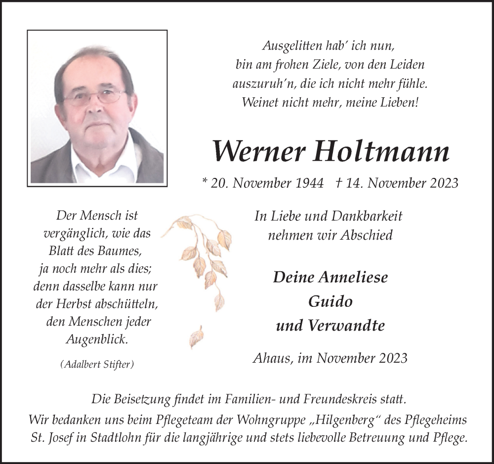  Traueranzeige für Werner Holtmann vom 18.11.2023 aus Münstersche Zeitung und Münsterland Zeitung