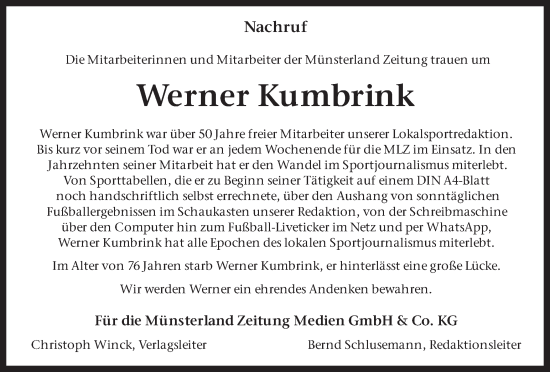 Traueranzeige von Werner Krumbrink von Münstersche Zeitung und Münsterland Zeitung