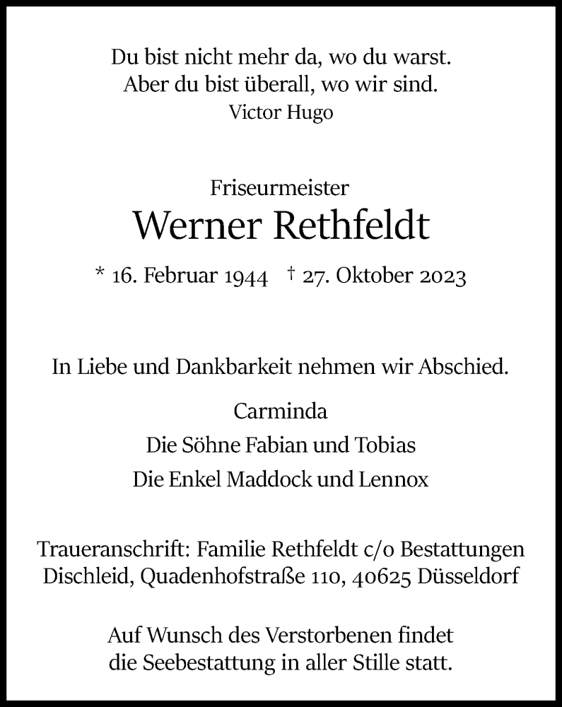  Traueranzeige für Werner Rethfeldt vom 25.11.2023 aus Münstersche Zeitung und Münsterland Zeitung