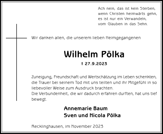 Traueranzeige von Wilhelm Pölka von Medienhaus Bauer