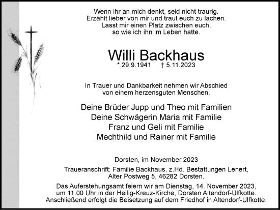 Traueranzeige von Willi Backhaus von Ruhr Nachrichten und Dorstener Zeitung