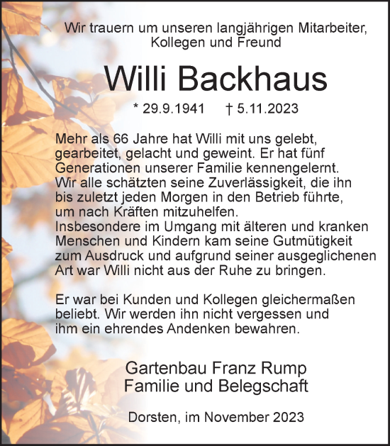 Traueranzeige von Willi Backhaus von Ruhr Nachrichten und Dorstener Zeitung