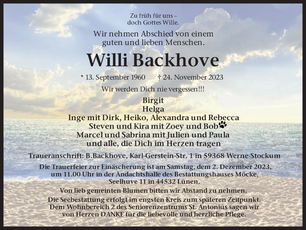  Traueranzeige für Willi Backhove vom 29.11.2023 aus Ruhr Nachrichten