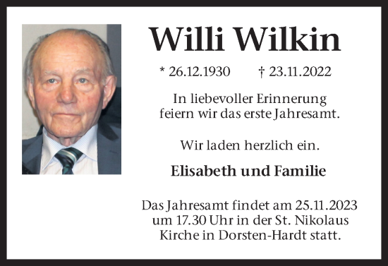 Traueranzeige von Willi Wilkin von Ruhr Nachrichten und Dorstener Zeitung