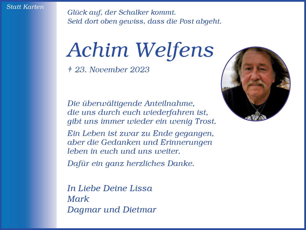  Traueranzeige für Achim Welfens vom 16.12.2023 aus Ruhr Nachrichten