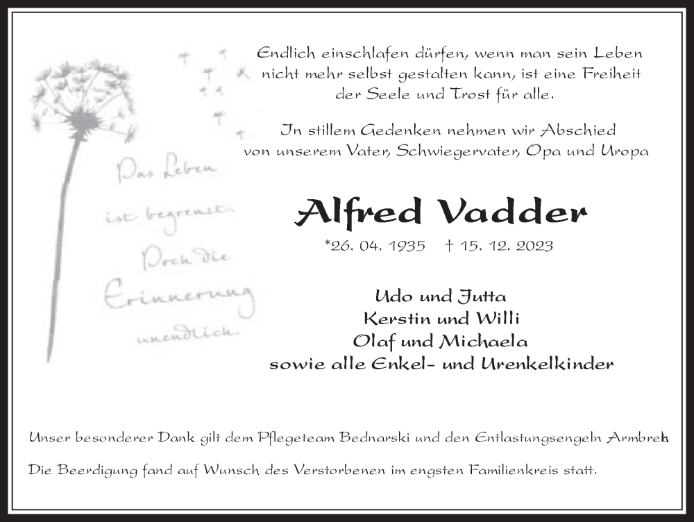  Traueranzeige für Alfred Vadder vom 23.12.2023 aus Medienhaus Bauer