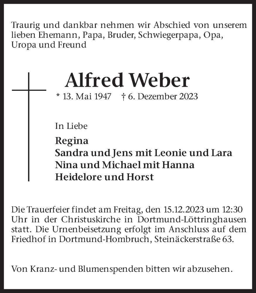  Traueranzeige für Alfred Weber vom 12.12.2023 aus 