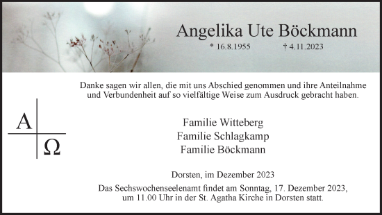 Traueranzeige von Angelika Ute Böckmann von Ruhr Nachrichten und Dorstener Zeitung