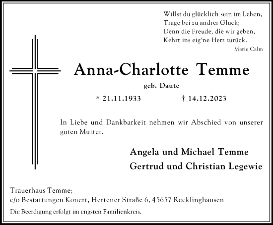 Traueranzeige von Anna-Charlotte Temme von Medienhaus Bauer
