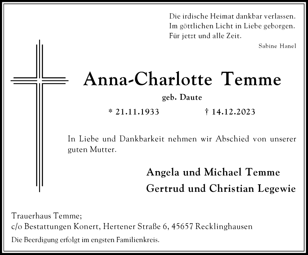 Traueranzeige für Anna-Charlotte Temme vom 21.12.2023 aus Medienhaus Bauer