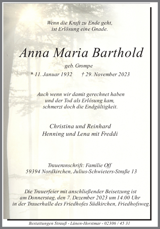 Traueranzeige von Anna Maria Barthold von Ruhr Nachrichten