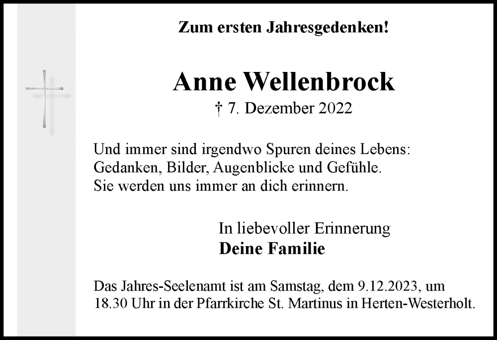  Traueranzeige für Anne Wellenbrock vom 07.12.2023 aus Medienhaus Bauer