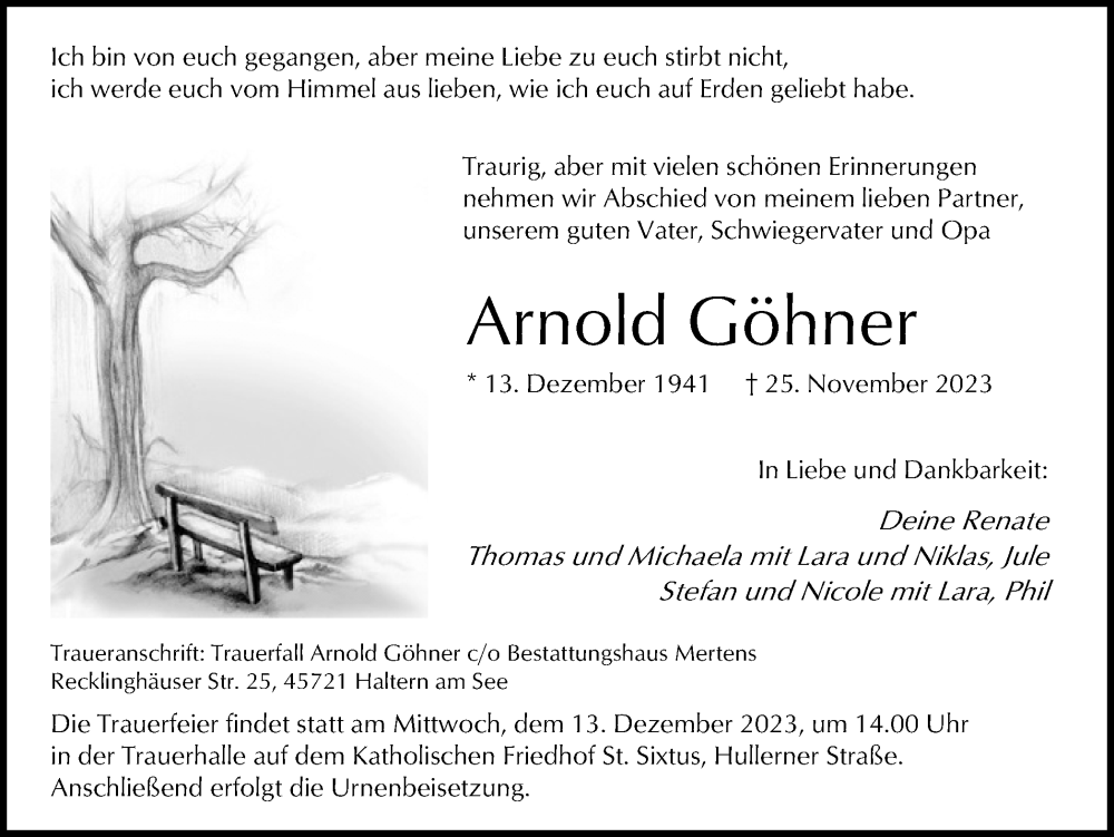  Traueranzeige für Arnold Göhner vom 02.12.2023 aus Ruhr Nachrichten und Halterner Zeitung