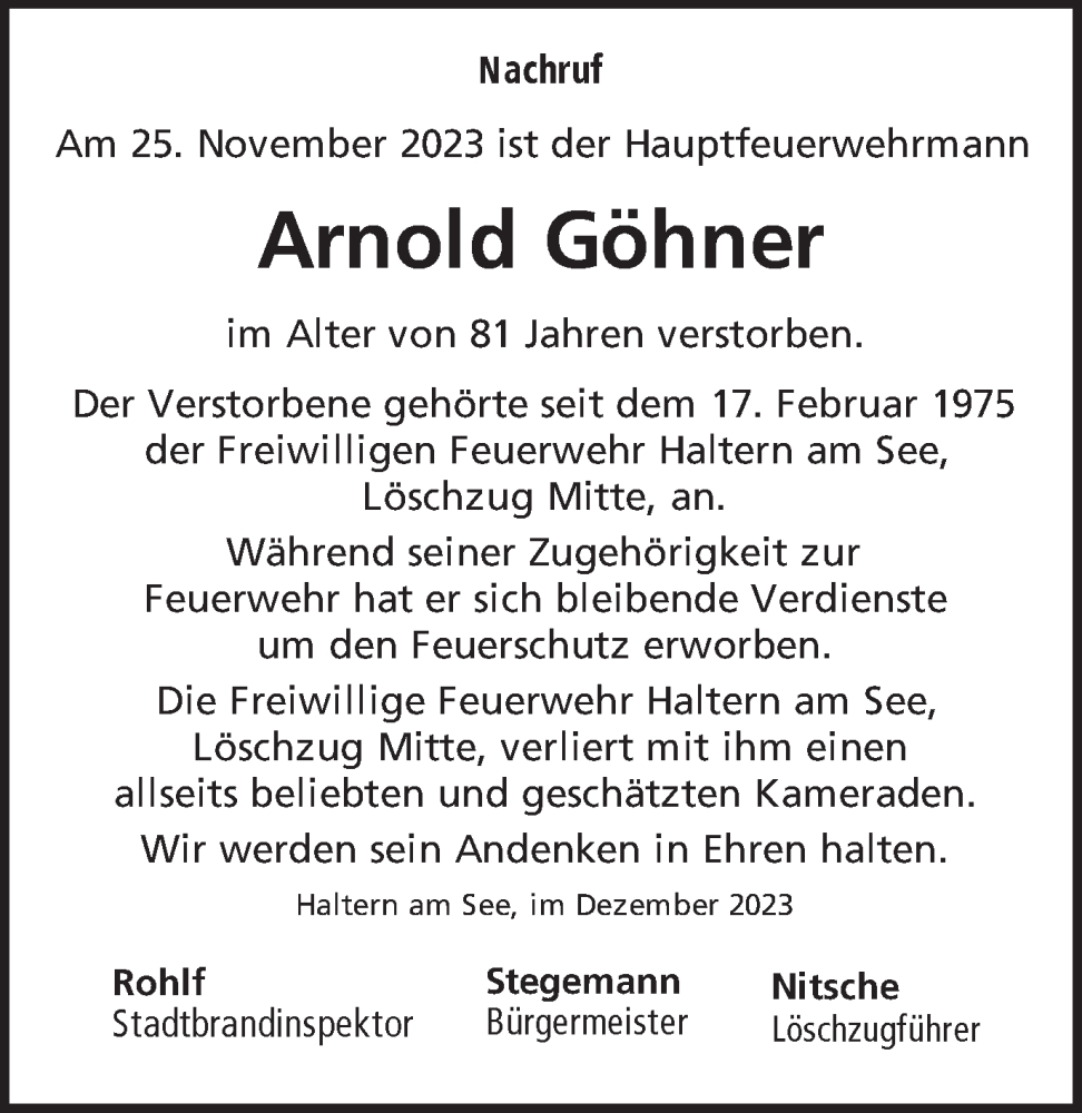  Traueranzeige für Arnold Göhner vom 06.12.2023 aus Ruhr Nachrichten und Halterner Zeitung
