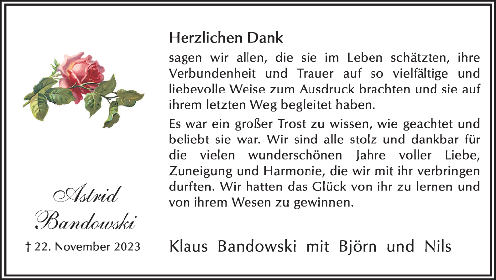  Traueranzeige für Astrid Bandowski vom 30.12.2023 aus Hellweger Anzeiger