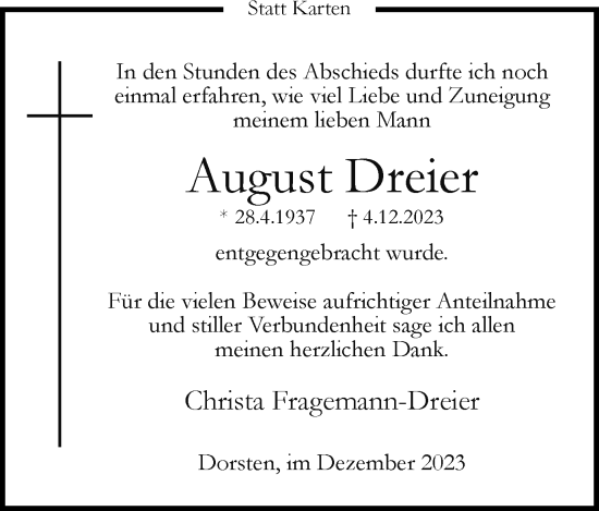 Traueranzeige von August Dreier von Ruhr Nachrichten und Dorstener Zeitung