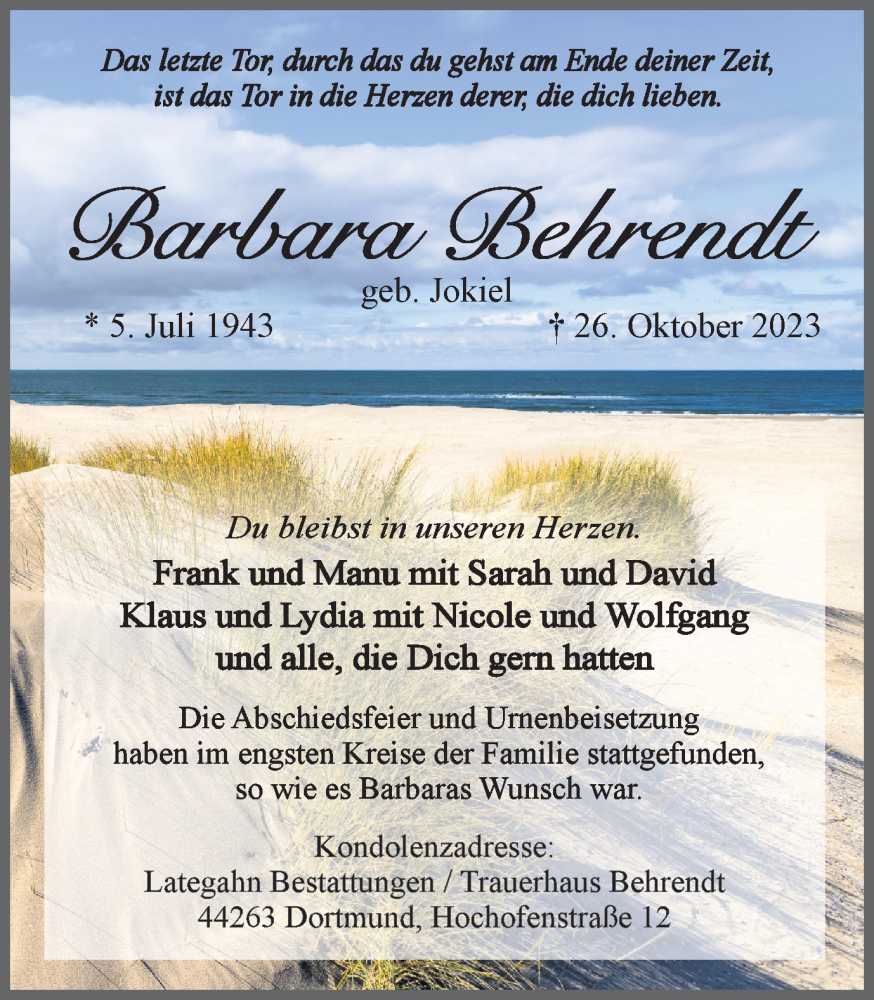  Traueranzeige für Barbara Behrendt vom 09.12.2023 aus 