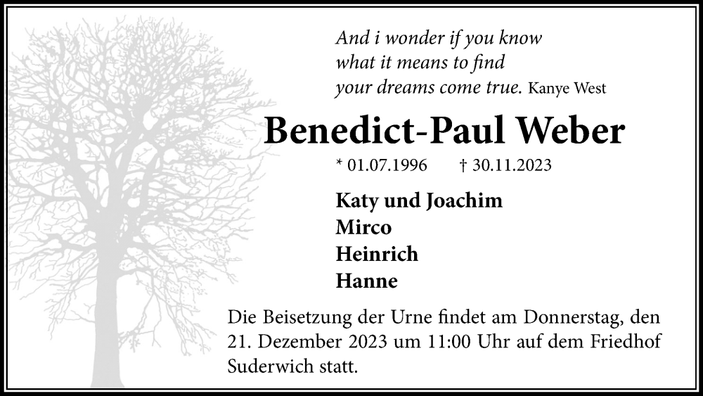  Traueranzeige für Benedict-Pau Weber vom 16.12.2023 aus Medienhaus Bauer