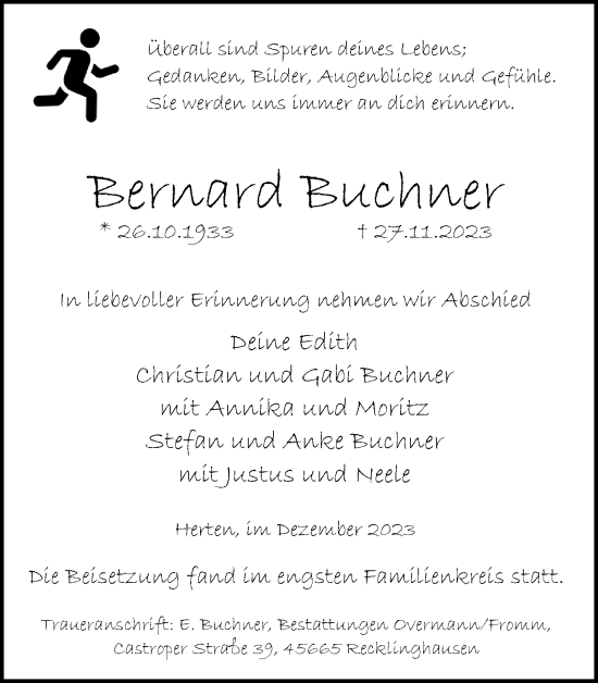 Traueranzeige von Bernard Buchner von Medienhaus Bauer