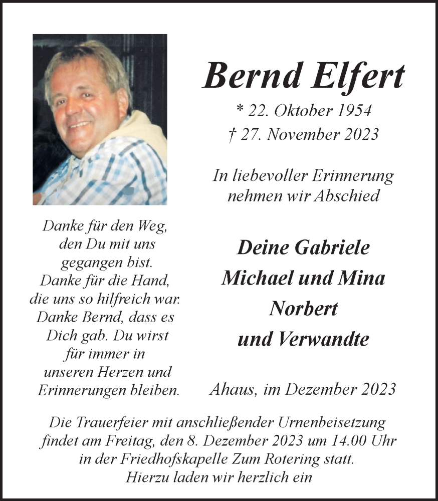  Traueranzeige für Bernd Elfert vom 02.12.2023 aus Münstersche Zeitung und Münsterland Zeitung