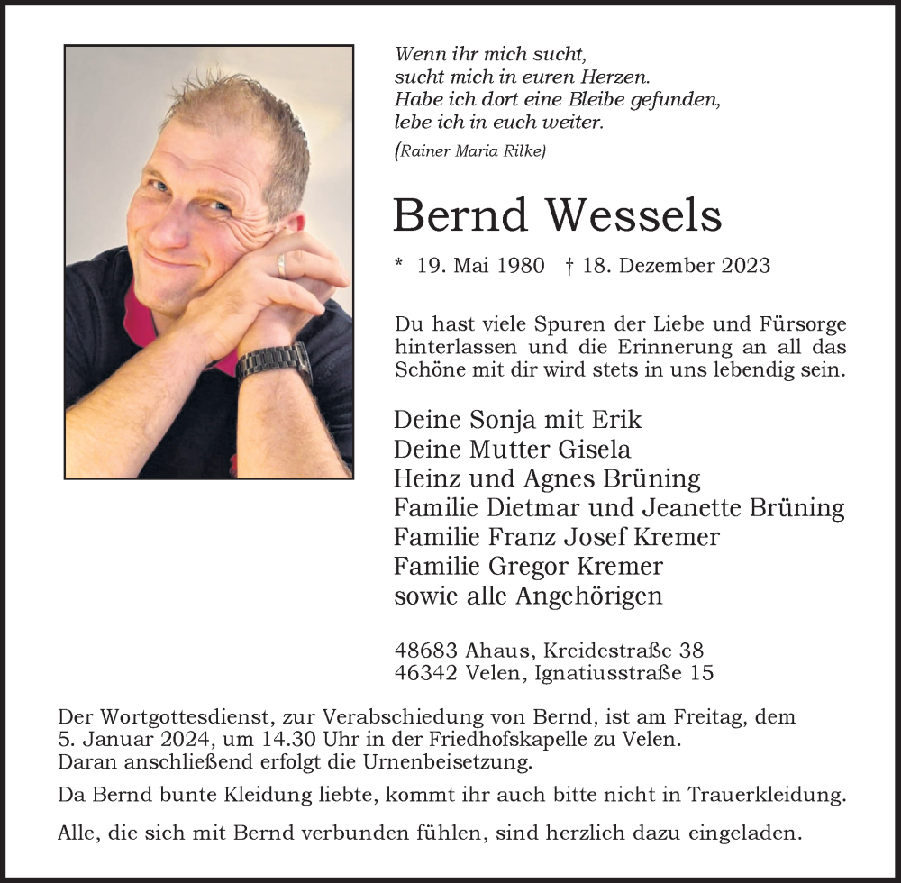  Traueranzeige für Bernd Wessels vom 30.12.2023 aus Münstersche Zeitung und Münsterland Zeitung