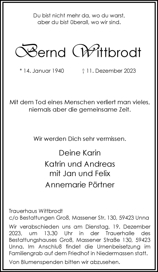 Traueranzeige von Bernd Wittbrodt von Hellweger Anzeiger