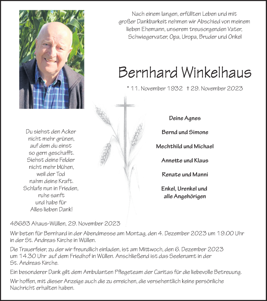  Traueranzeige für Bernhard Winkelhaus vom 02.12.2023 aus Münstersche Zeitung und Münsterland Zeitung