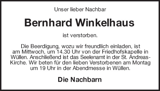 Traueranzeige von Bernhard Winkelhaus von Münstersche Zeitung und Münsterland Zeitung