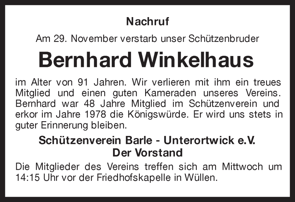  Traueranzeige für Bernhard Winkelhaus vom 05.12.2023 aus Münstersche Zeitung und Münsterland Zeitung