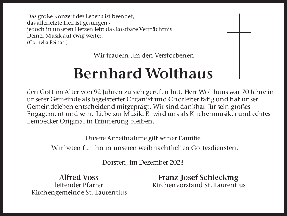  Traueranzeige für Bernhard Wolthaus vom 23.12.2023 aus Ruhr Nachrichten und Dorstener Zeitung