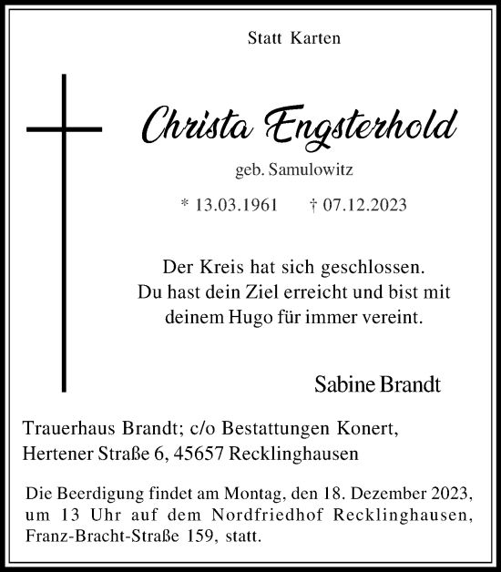 Traueranzeige von Christa Engsterhold von Medienhaus Bauer
