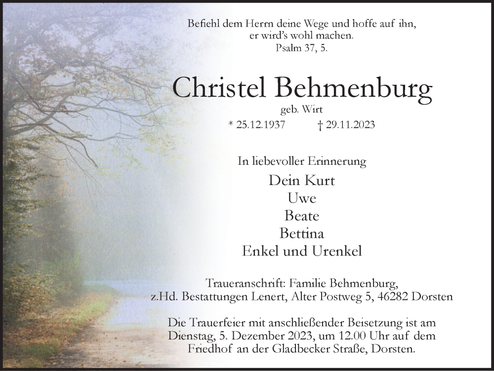  Traueranzeige für Christel Behmenburg vom 02.12.2023 aus Ruhr Nachrichten und Dorstener Zeitung