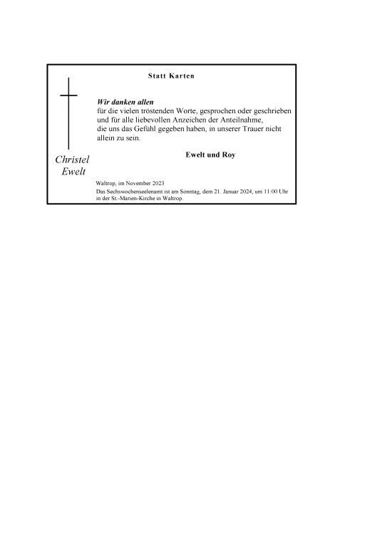 Traueranzeige von Christel Ewelt von Medienhaus Bauer