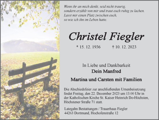 Traueranzeige von Christel Fiegler 
