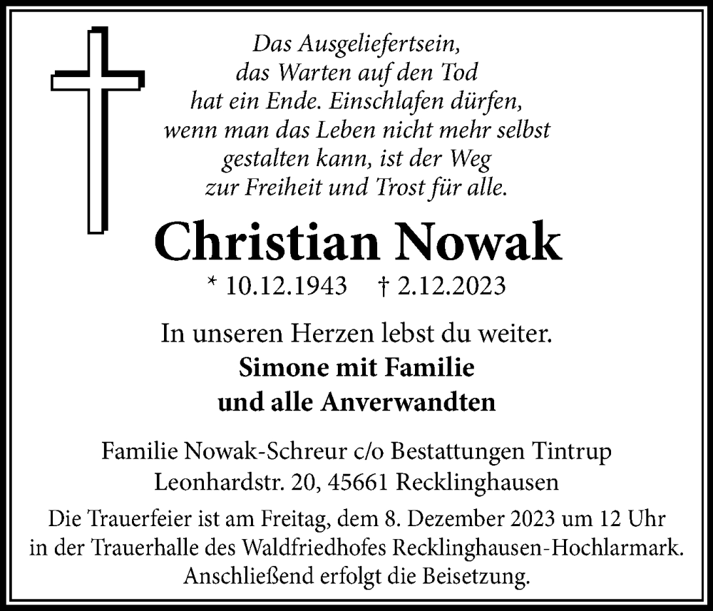  Traueranzeige für Christian Nowak vom 06.12.2023 aus Medienhaus Bauer