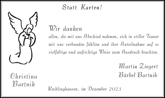 Traueranzeige von Christina Bartnik von Medienhaus Bauer