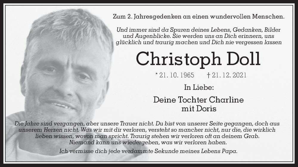  Traueranzeige für Christoph Doll vom 21.12.2023 aus Medienhaus Bauer