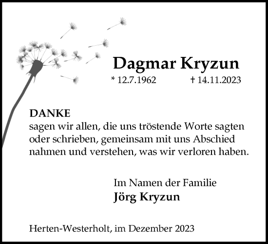 Traueranzeige von Dagmar Kryzun von Medienhaus Bauer