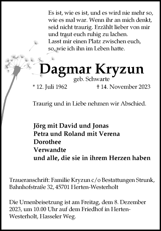 Traueranzeige von Dagmar Kryzun von Medienhaus Bauer