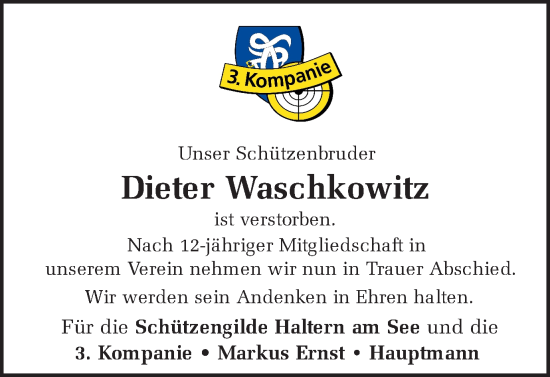 Traueranzeige von Dieter Waschkowitz von Ruhr Nachrichten und Halterner Zeitung