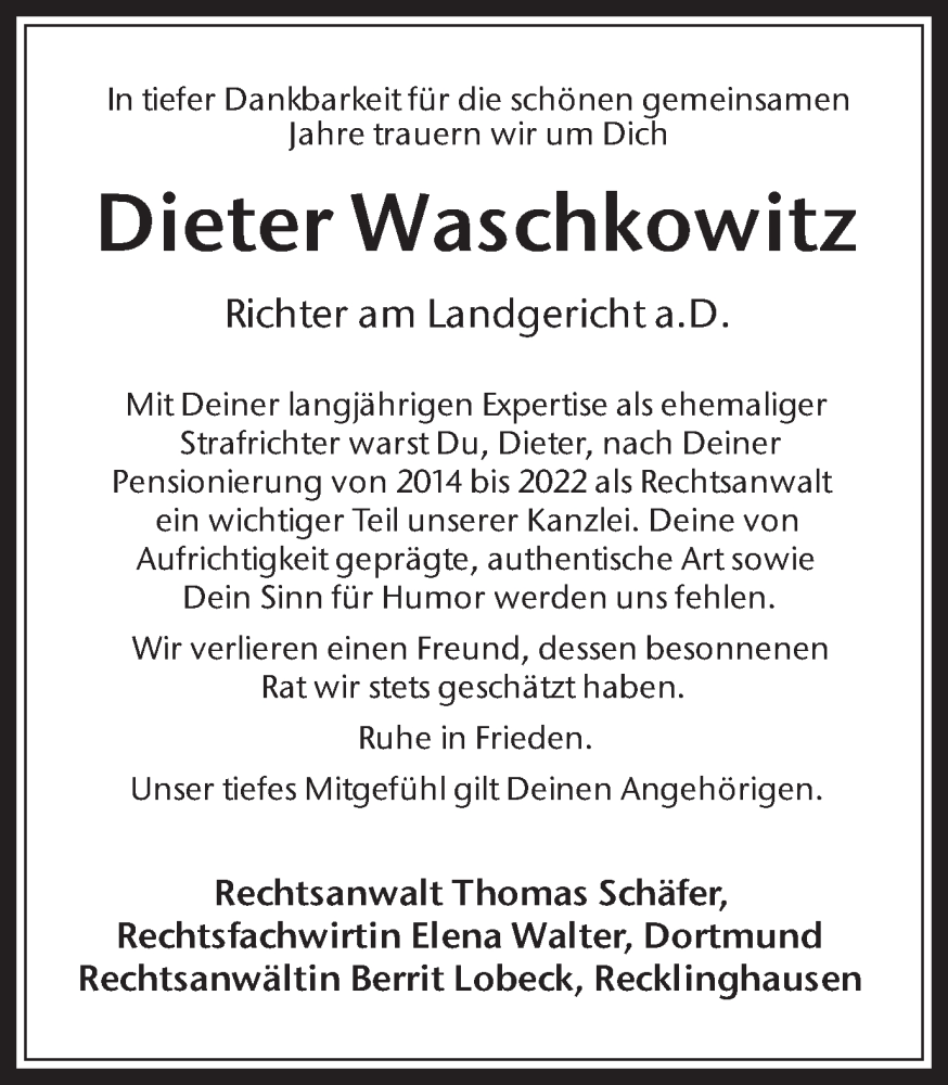  Traueranzeige für Dieter Waschkowitz vom 02.12.2023 aus Medienhaus Bauer