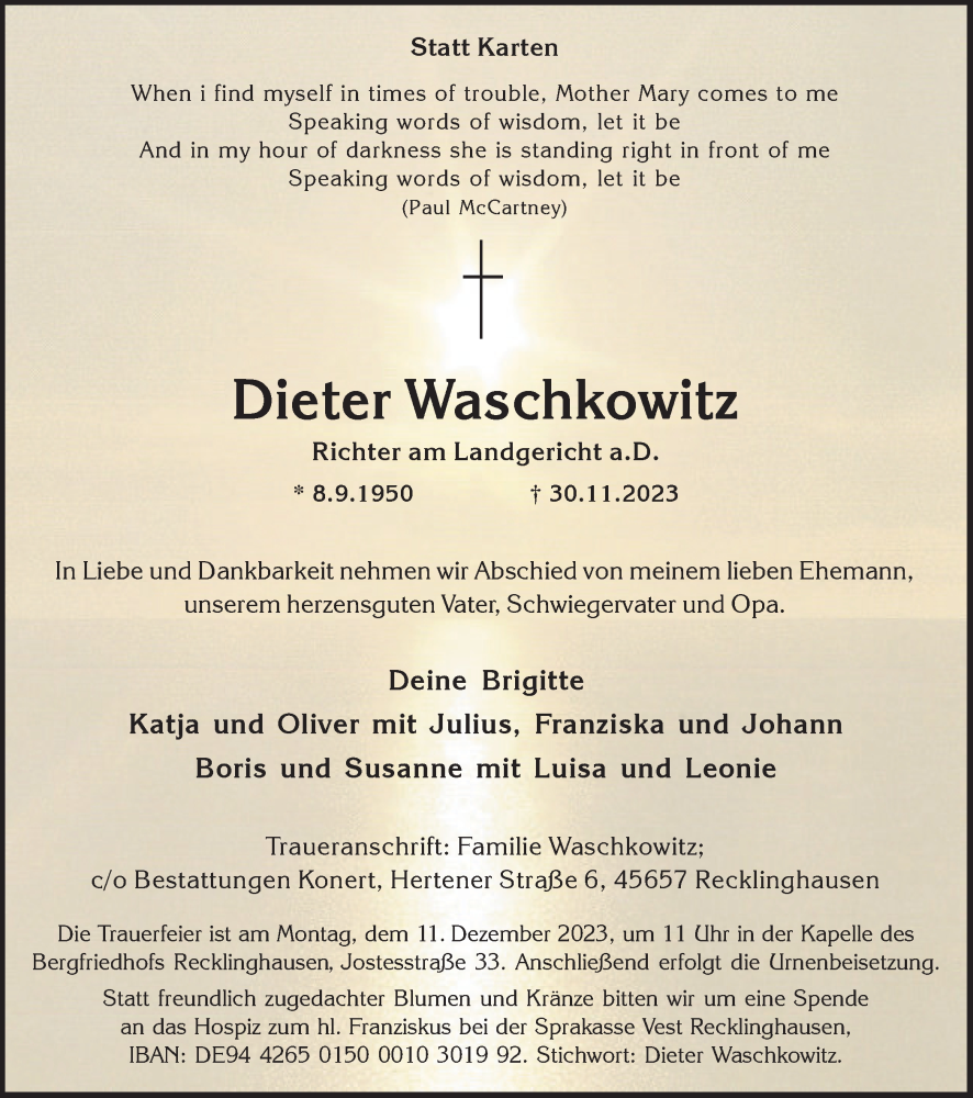  Traueranzeige für Dieter Waschkowitz vom 02.12.2023 aus Ruhr Nachrichten und Halterner Zeitung