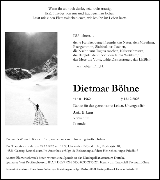 Traueranzeige von Dietmar Böhne von Ruhr Nachrichten