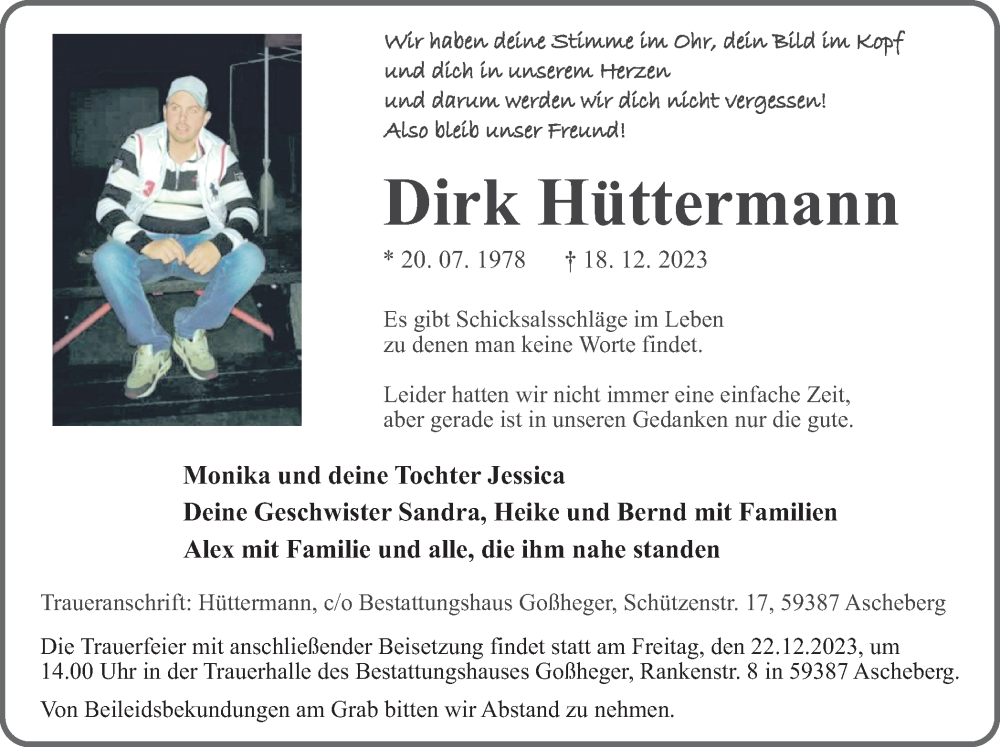  Traueranzeige für Dirk Hüttermann vom 20.12.2023 aus Ruhr Nachrichten