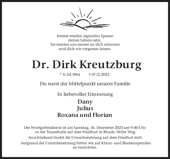 Traueranzeige von Dirk Kreutzburg von Ruhr Nachrichten und Dorstener Zeitung