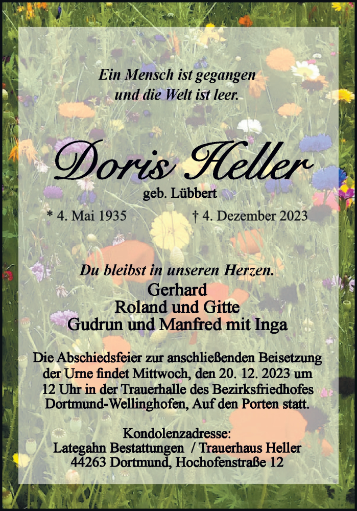  Traueranzeige für Doris Heller vom 09.12.2023 aus 
