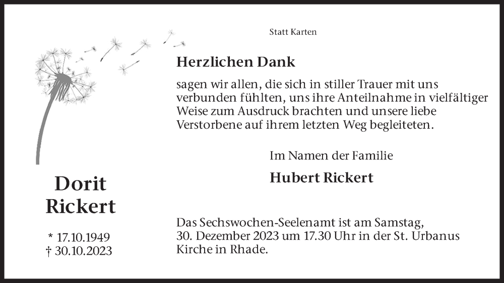  Traueranzeige für Dorith Rickert vom 23.12.2023 aus Ruhr Nachrichten und Dorstener Zeitung