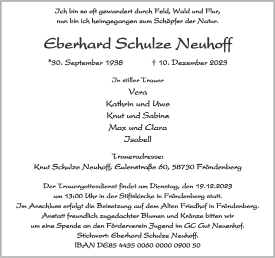 Traueranzeige von Eberhard Schulze-Neuhoff von Hellweger Anzeiger