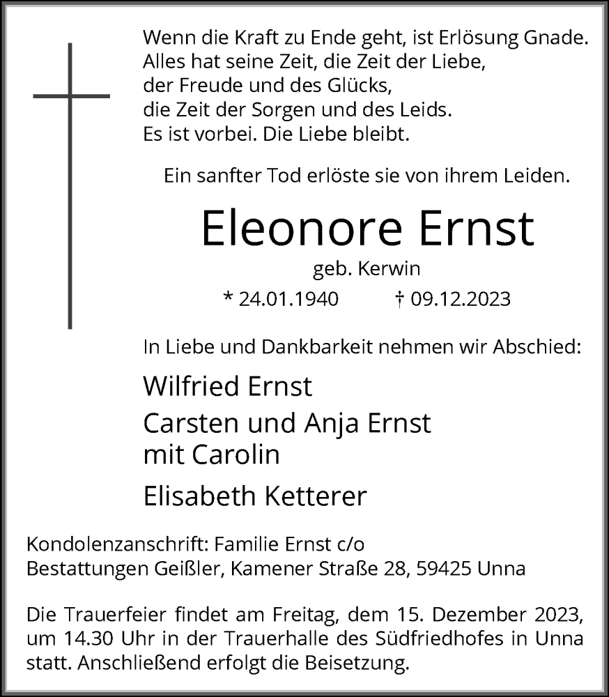 Traueranzeige für Eleonore Ernst vom 12.12.2023 aus 